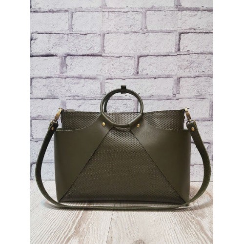 Сумка женская "РОНДА" натуральная кожа хаки с плетенкой