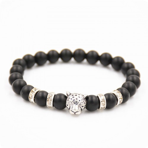 Браслет з натурального каменю Агат з сріблястим леопардом і стразами