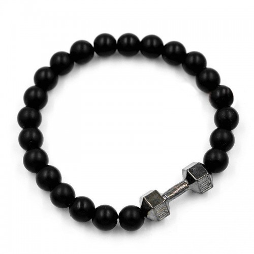 Браслет из натурального камня Агат с черной гантелей "Fit Life"