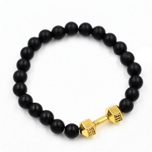 Браслет з натурального каменю Агат із золотистою гантелей "Fit Life"