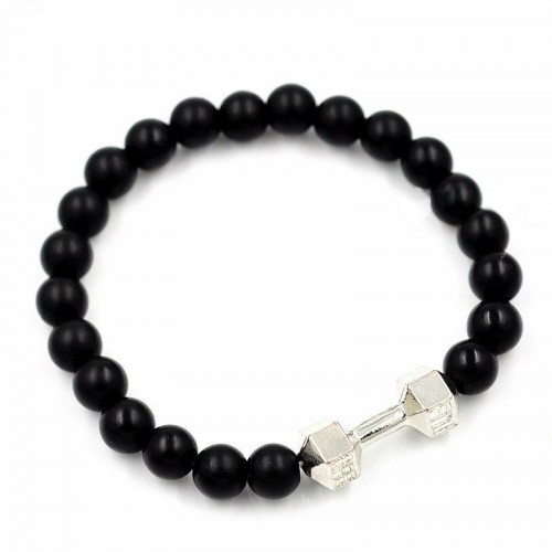 Браслет из натурального камня Агат с серебристой гантелей "Fit Life"