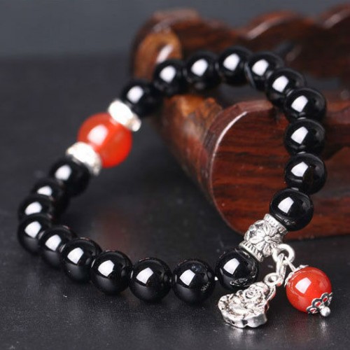 Браслет з натурального каменю чорний Агат з Буддою