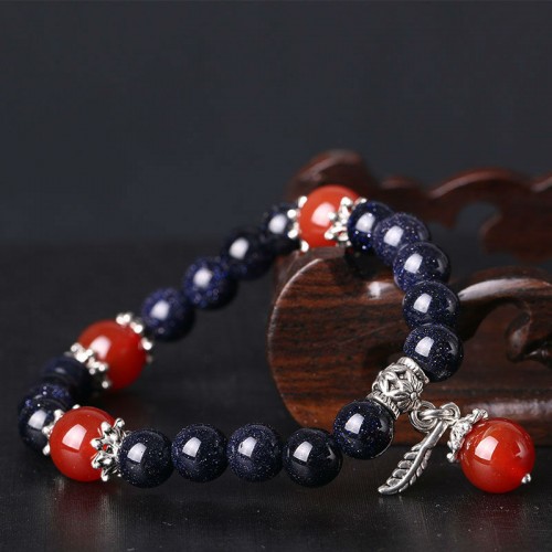 Браслет из натурального камня Авантюрин синий с перышком