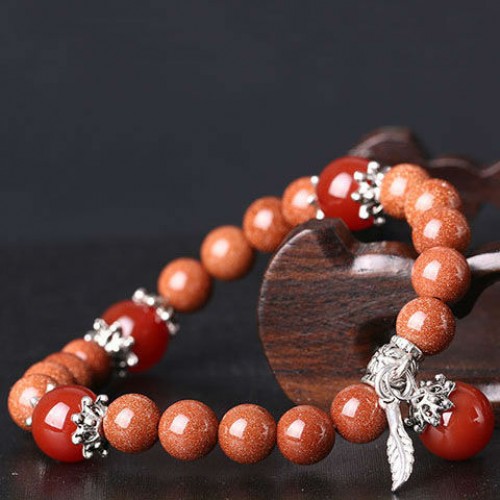 Браслет из натурального камня Авантюрин золотой с перышком