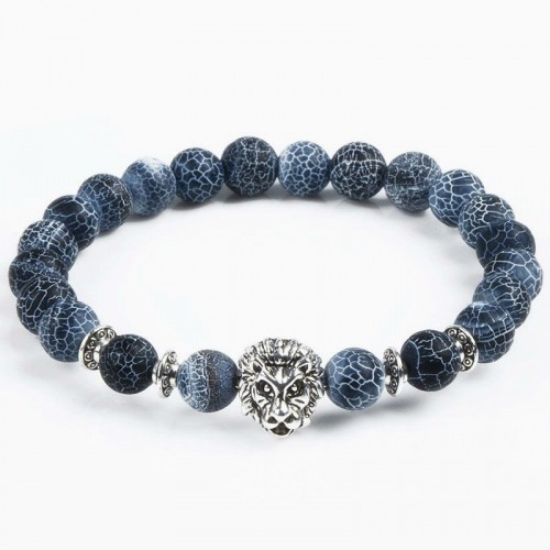 Браслет з натурального каменю Синій Агат лев сріблястий