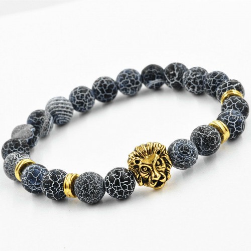 Браслет из натурального камня Синий Агат рычащий лев золотистый