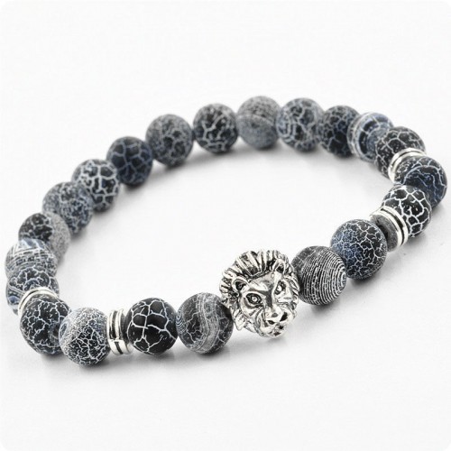 Браслет з натурального каменю Синій Агат ричить лев сріблястий