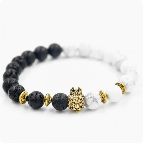 Браслет из натурального камня Вулканическая Лава и Кахолонг Король Лев золотистый