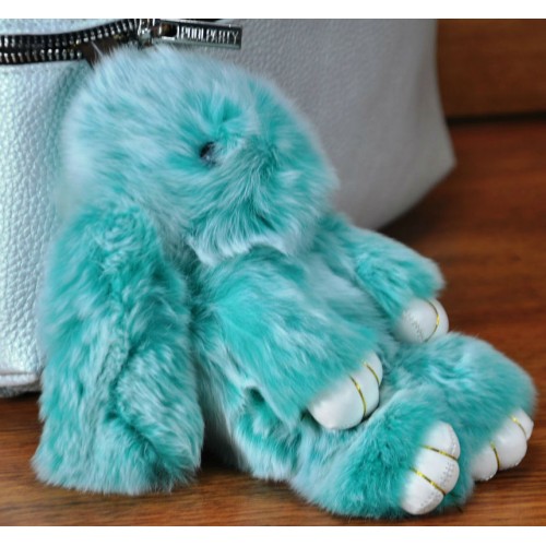 Брелок кролик из меха голубой с белым