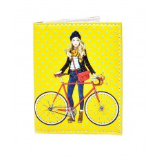 Обложка на пластиковый паспорт желтая с девушкой на велосипеде