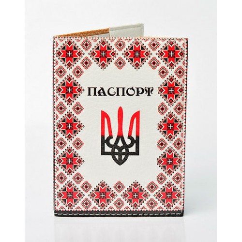 Обложка на паспорт белая с красной вышиванкой и красно-черным Гербом