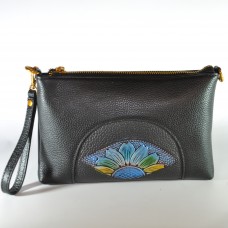 Сумка женская ручной работы Солнечный цветок Blue кожа черная