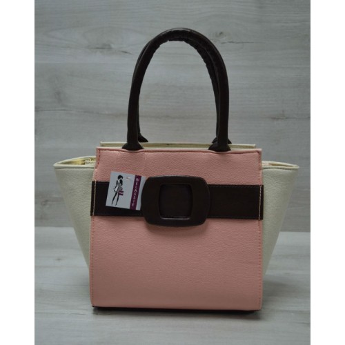 Молодежная женская сумка Welassie Комбинированная пудрового цвета с коричневым ремнем 52209