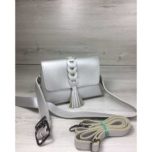 Женская сумка на пояс-клатч Welassie Белла серебряного цвета с плетением и кисточкой 60631