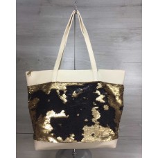 Жіноча сумка Welassie Лейла бежевого кольору з двосторонніми паєтками золото-чорний 55352