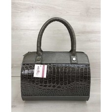 Жіноча сумка Welassie маленький саквояж кольору металік зі вставкою коричневий лаковий крокодил 32005