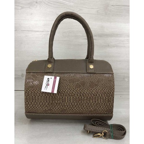 Жіноча сумка Welassie маленький саквояж кавового кольору зі вставкою кавова рептилія 32002