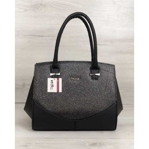 Каркасна жіноча сумка Віржіні чорного кольору зі вставками чорний блиск 31303