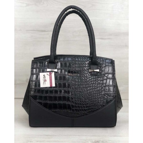 Каркасна жіноча сумка Віржіні чорного кольору зі вставками чорний крокодил 31301