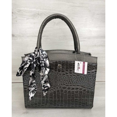 Классическая женская сумка Welassie Бьянка цвета металлик со вставкой серый лаковый крокодил 10102