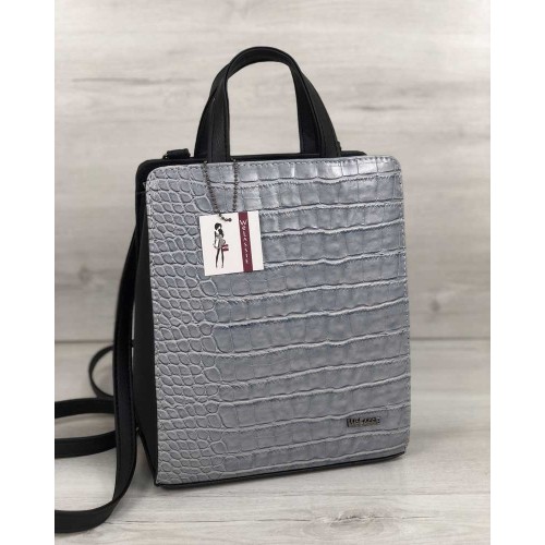 Молодіжний каркасний сумка-рюкзак чорного кольору зі вставкою сірий крокодил 44804