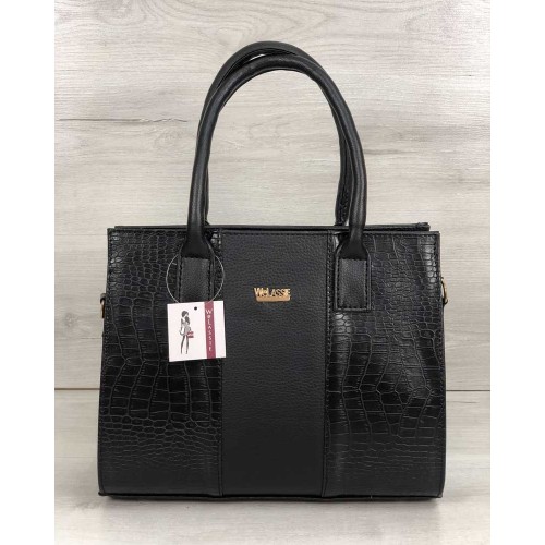 Каркасна жіноча сумка Селін чорного кольору зі вставками чорний крокодил 31216