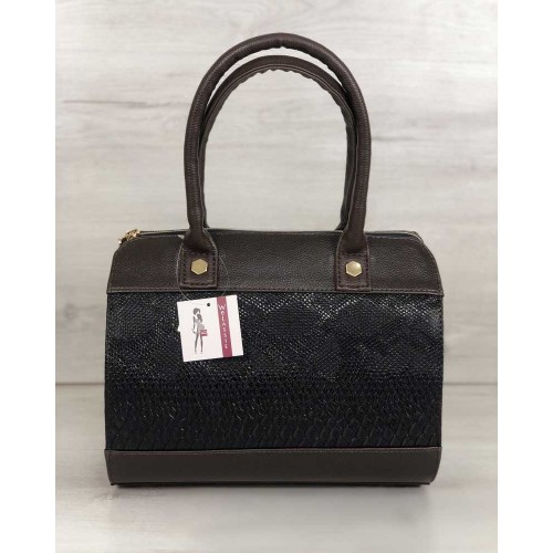 Женская сумка Welassie Маленький Саквояж коричневого цвета со вставкой коричневая рептилия 32007