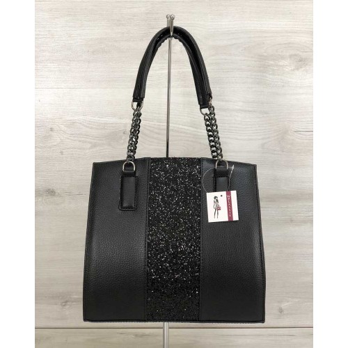 Каркасна жіноча сумка Адела чорного кольору зі вставкою чорний блиск 32104