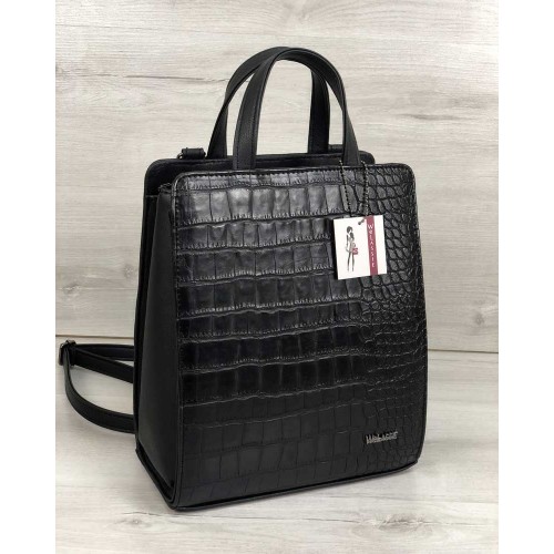 Молодіжний каркасний сумка-рюкзак чорного кольору зі вставкою чорний крокодил 44801