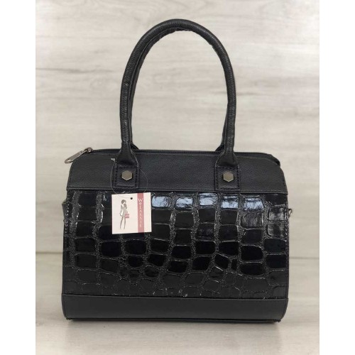 Жіноча сумка Маленький Саквояж чорний лаковий крокодил 32006