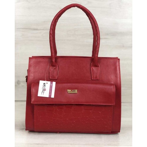 Каркасная женская сумка Welassie с накладным карманом лаковый красный 31006