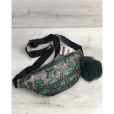 Женская сумка Бананка с пушком серебряная с зеленым змея (никель) Welassie 60805