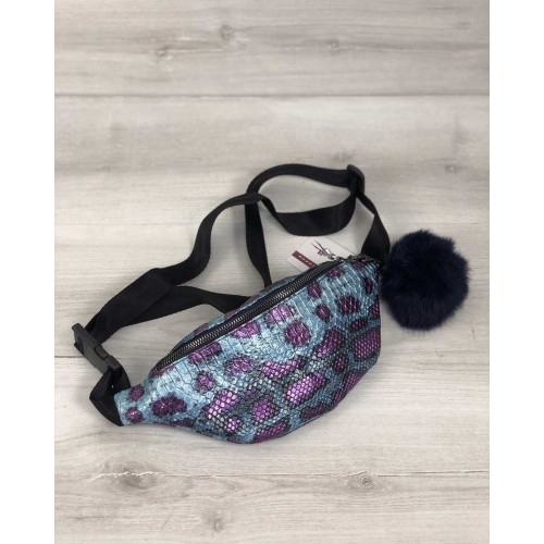 Женская сумка Бананка с пушком голубой с сиреневым змея (никель) Welassie 60803