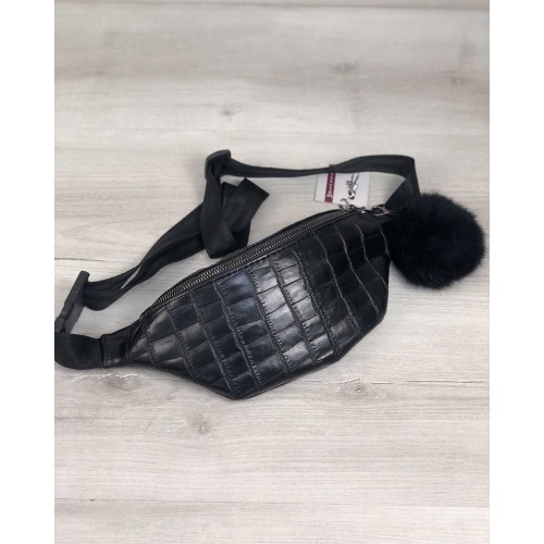 Женская сумка Бананка с пушком черный крокодил (никель) Welassie 60804