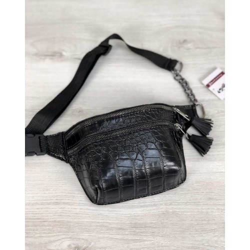 Женская сумка на пояс Элен черный крокодил Welassie 61206