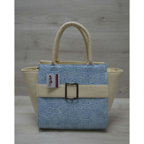 Молодежная женская сумка Welassie Ремень голубой крокодил с бежевым гладким 52904