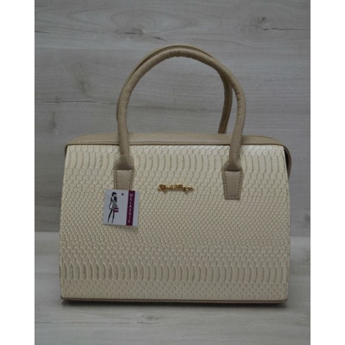 Каркасна жіноча сумка Welassie Саквояж бежева рептилія з кавовими ручками 31118