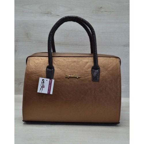 Каркасна жіноча сумка Welassie Саквояж бронзовий гладкий з коричневими ручками 31114